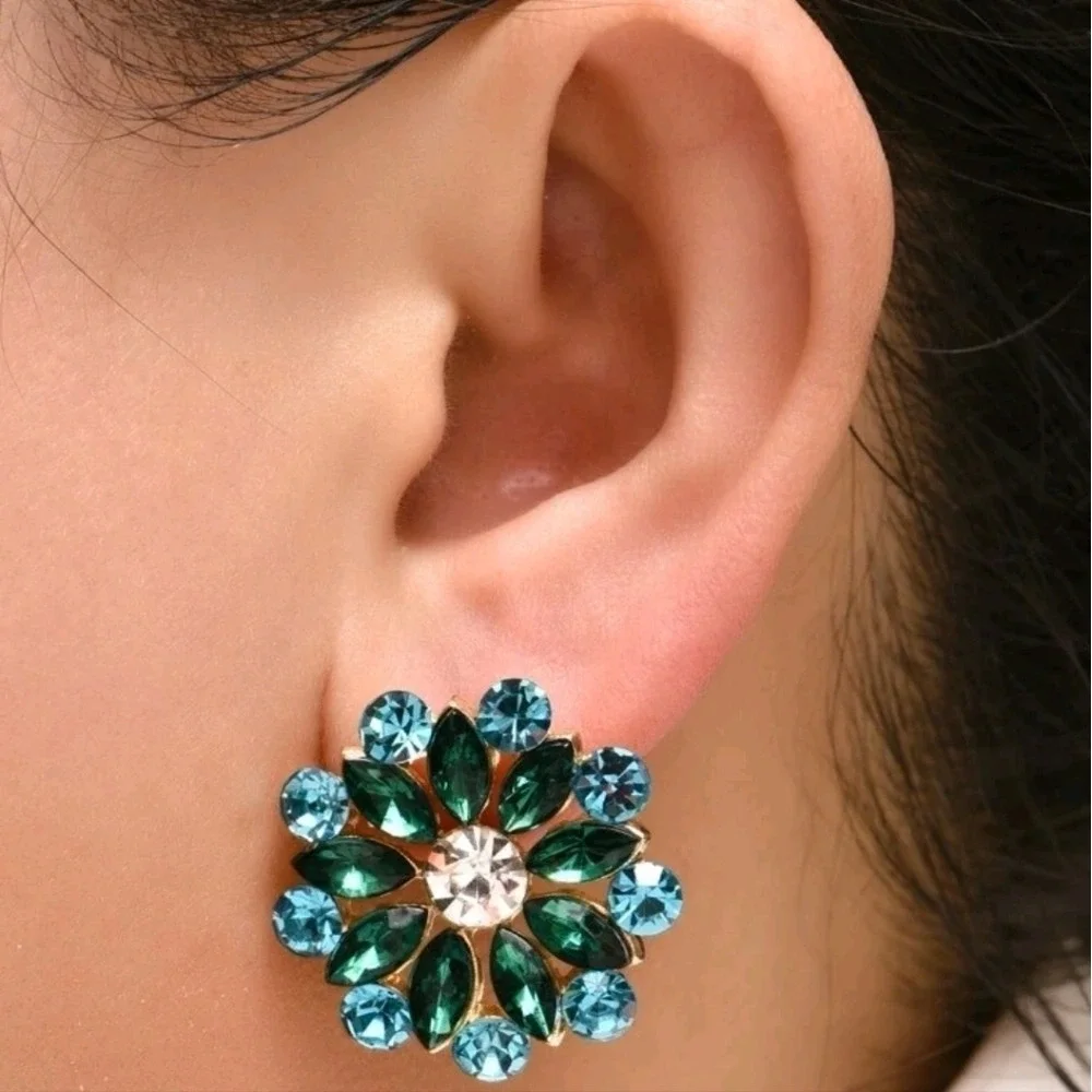 Green Turquoise Rhinestone Cluster Flower Statement Stud Earrings formal prom 💖